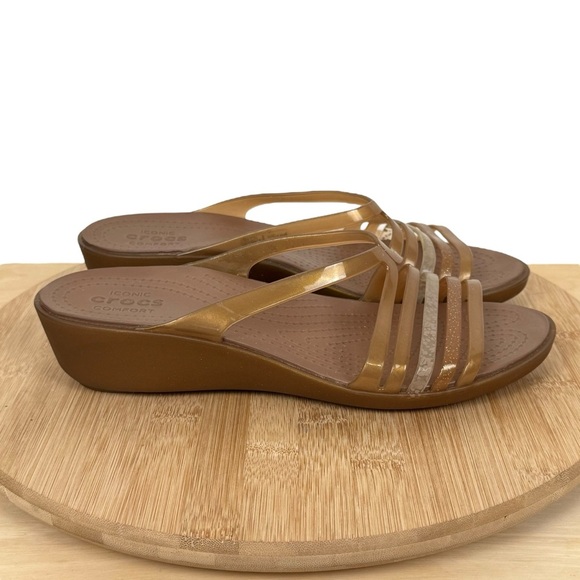 Crocs Isabella Mini Wedge Sandals – Women’s Size 8 – Bronze Multi-Strap Slide - Picture 2 of 11
